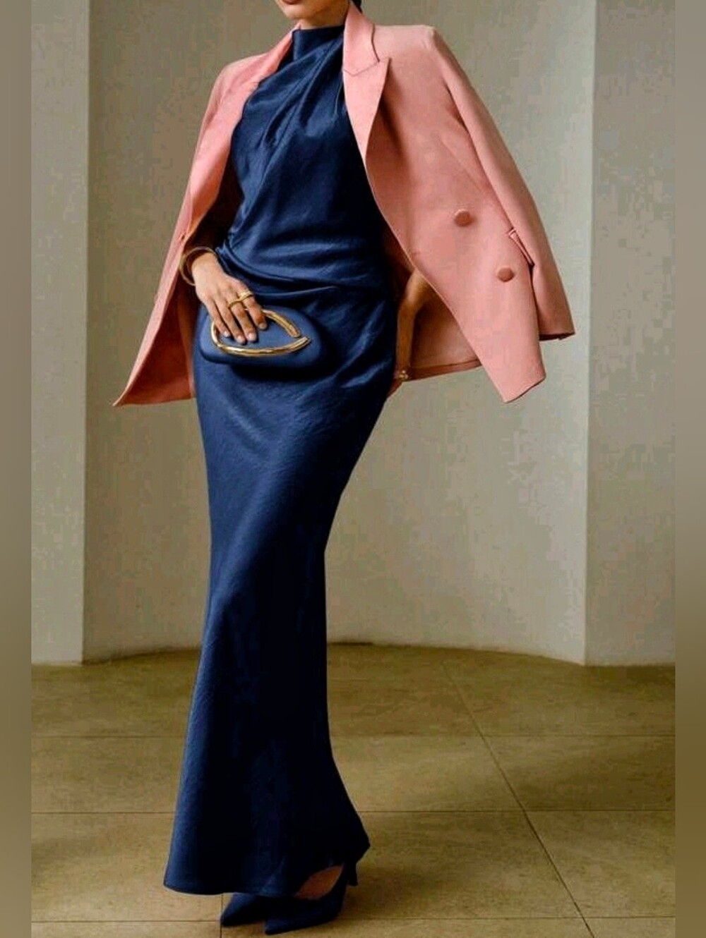 New Luxe Crushed Satin Bias Draped Maxi Dress Navy Blue